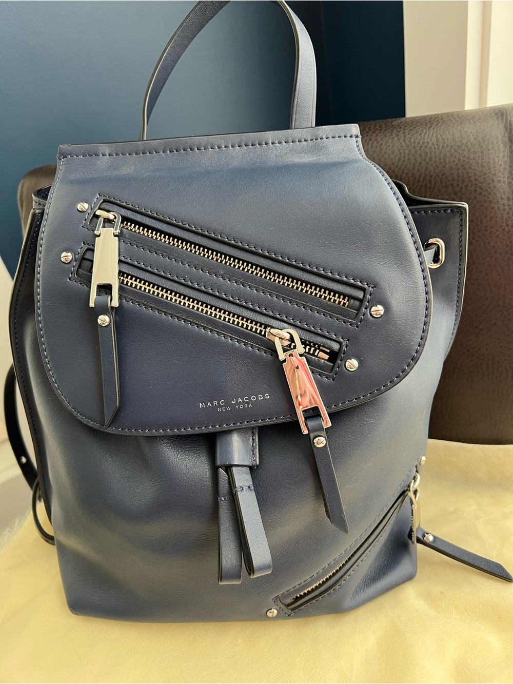 Marc Jacobs Navy Leather Drawstring Backpack with Zipper Details